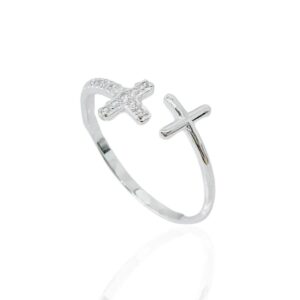 Anel regulável cruz lisa e cravejada de prata