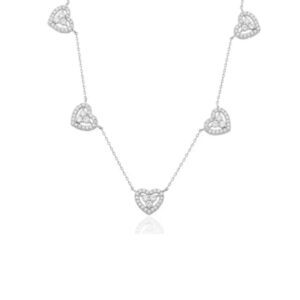 Colar de prata choker shine branco 5 corações cristal + banho de ródio